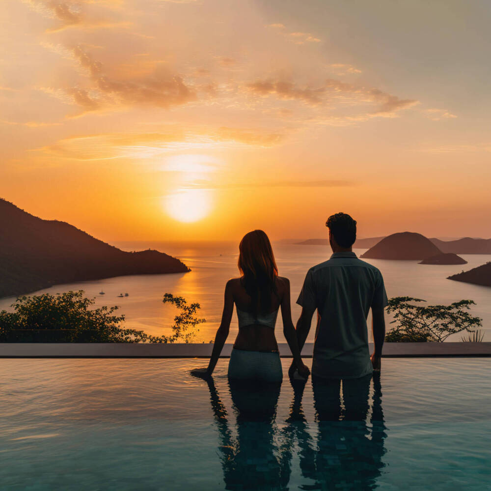 Loving couple of young people watching the sunset on a luxury vacation.